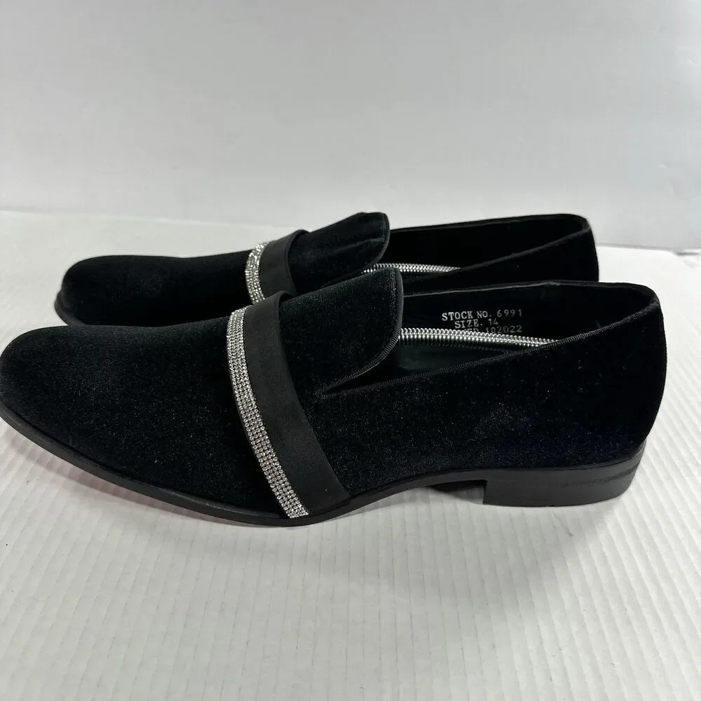After Midnight Men's Black Velvet Loafers - Rhinestone Band Formal Shoes Size 14